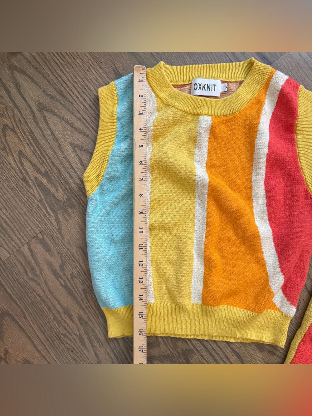OxKnit Yellow Colorblock VTG Vest Skirt Suit Set S Sweater 60s 70s Retro Knit - Picture 7 of 13